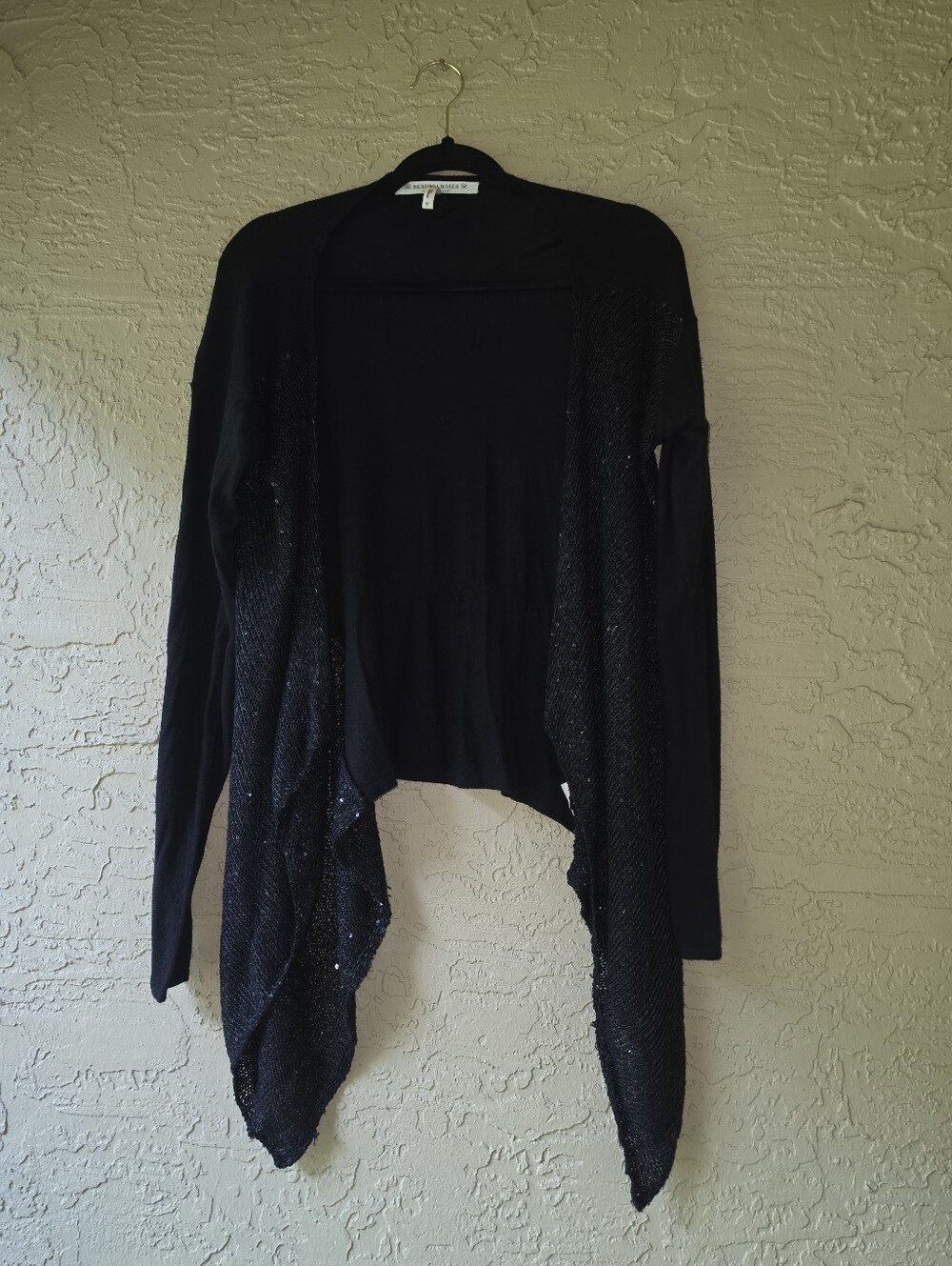 ​Rebecca Moses Black Draped Open Front Sequin Shimmer Sweater Medium
